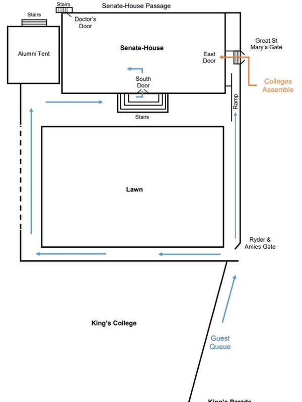 Map of Senate House showing the route taken by graduands and guests during a degree congregation